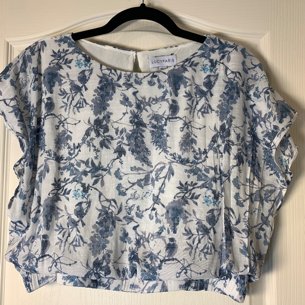 Lucy Paris Cottagecore‎ Blue Floral Cropped Blouse Smocked Hem L French Chateau